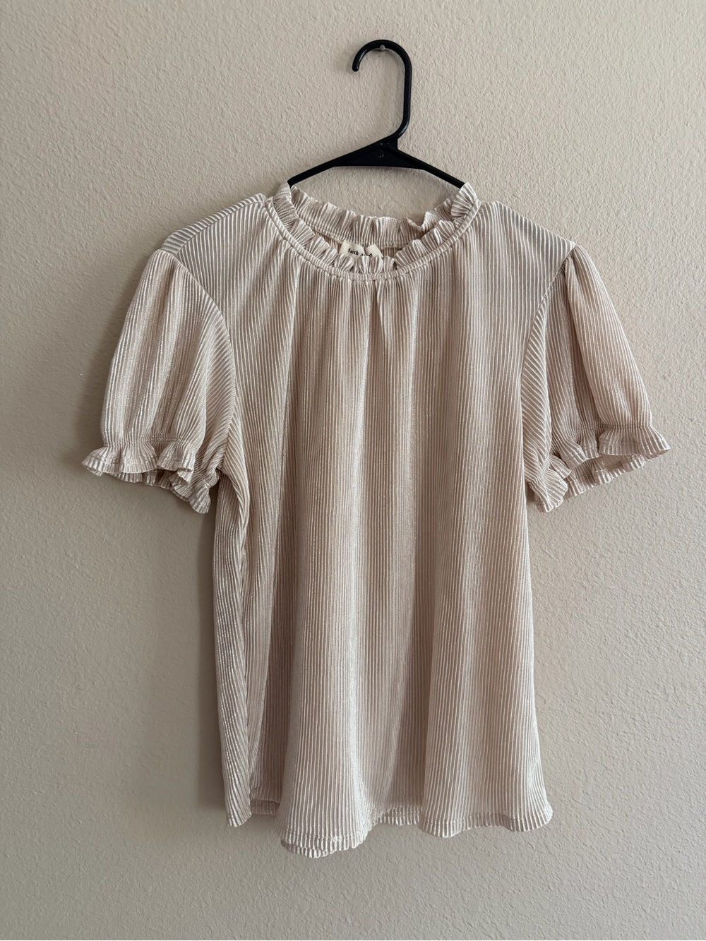 Faith And Joy Ribbed Shimmer Ruffle Neckline Blouse